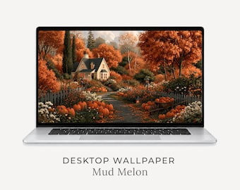 Fondo de pantalla de escritorio con temática de cabaña otoñal, acogedor fondo de pantalla campestre de otoño para ordenador, jardín de calabazas (descarga digital)