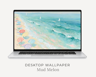 Fondo de pantalla de playa costera para escritorio, fondo de océano en tonos pastel (descarga digital)