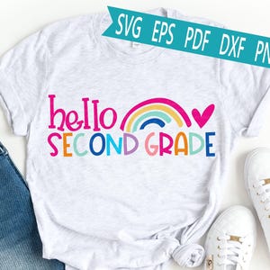 Hallo Zweite Klasse SVG, Zurück zu Schule Lehrer Shirt SVG, Erster Schultag Schnittdatei, digitaler Download, niedlicher Lehrer SVG für Cricut