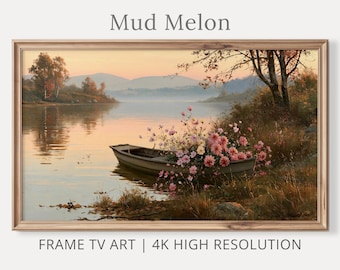 Cuadro decorativo de paisaje en un lago otoñal, con diseño de bote de remos. Descarga digital 4K.