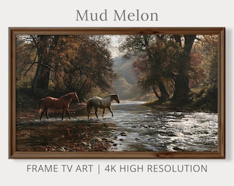 Cuadro de caballos cruzando el río para Samsung Frame TV / Pintura de paisaje otoñal / Descarga digital 4K