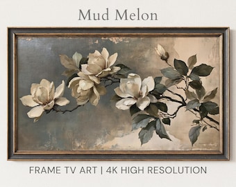 Arte digital 4K con marco para TV Samsung con diseño botánico vintage de magnolia / Flores neutras / 3840 × 2160