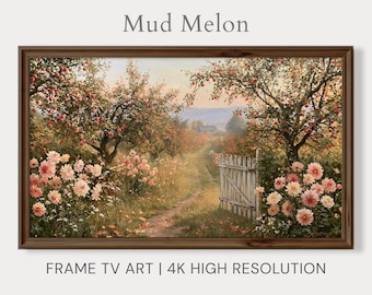 Cuadro decorativo de huerto de manzanas en otoño, pintura de paisaje rural, descarga digital 4K.