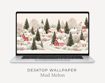 Fondo de pantalla de escritorio con diseño de pueblo navideño en acuarela, casita de invierno nevada, ambiente navideño acogedor (descarga digital).