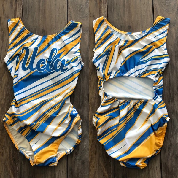 NWT UCLA Officially Licensed Blue Yellow White Gymnastics Leotard Child, Teen & Adult Sizes