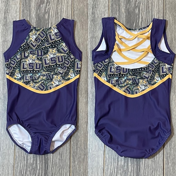 NEW Custom Louisiana State University LSU Tigers Strappy Backs Purple Yellow Soft Sublime College Gymnastics Leotard Child & Adult