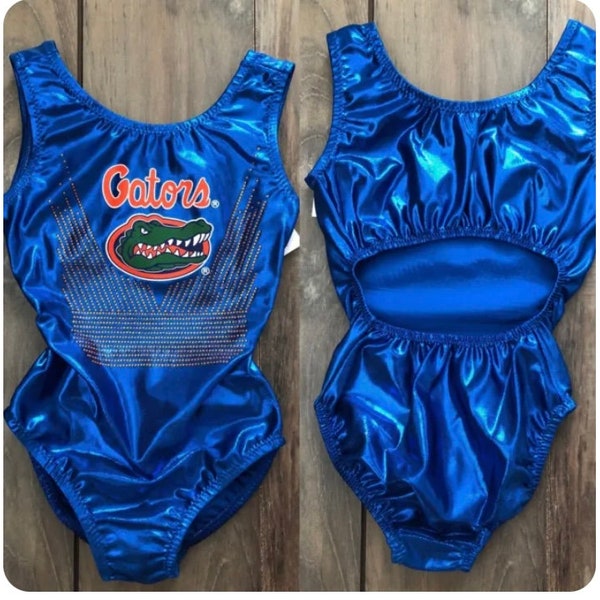 NWT University of Florida Gators Royal Blue Orange Foil Rhinestone Bling College Gymnastics Leotard Child & Adult