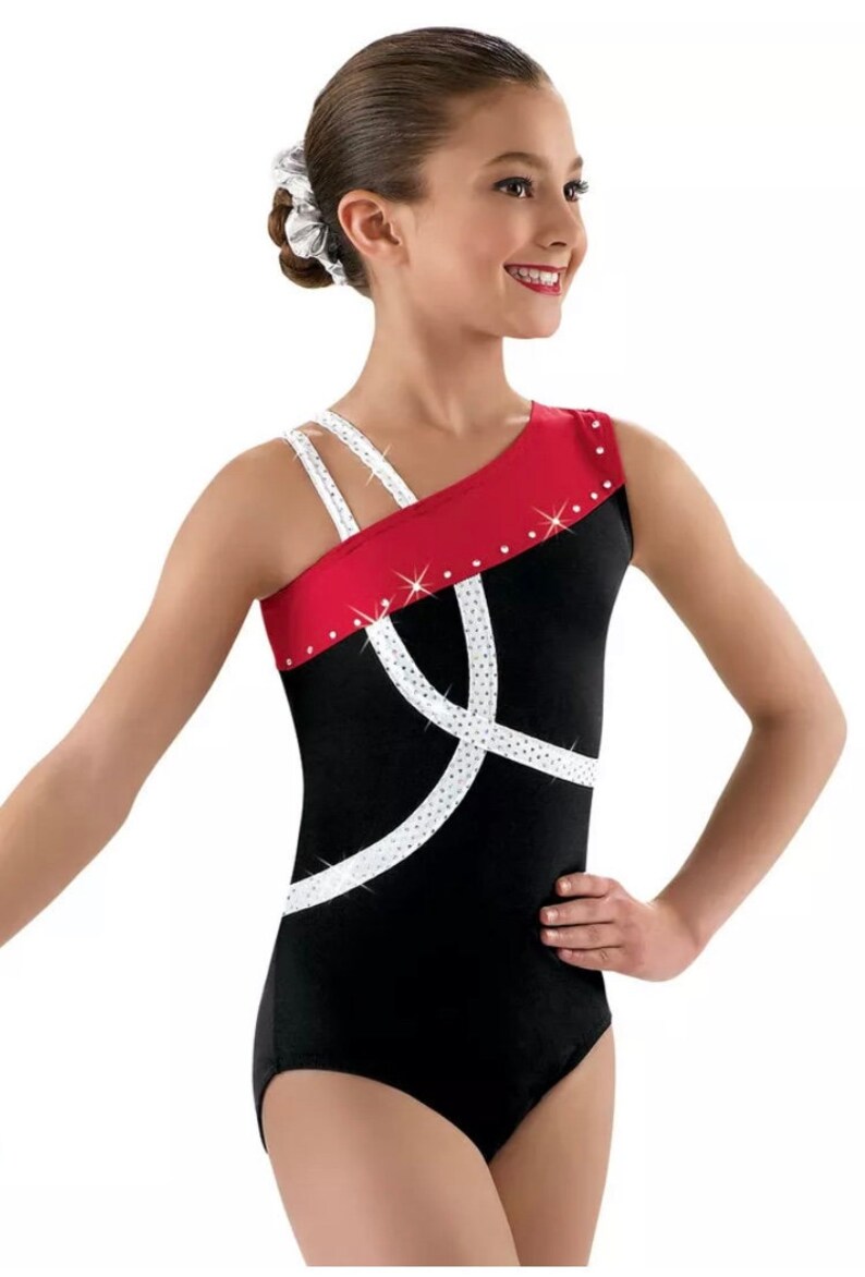 New Asymmetrical Red Black Strappy Dance Gymnastics Baton Leotard Child Small CS 4-6