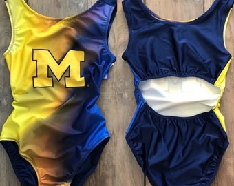 Maillot de gimnasia universitaria NWT Universidad de Michigan Azul Dorado Amarillo Go Blue U of M Niño Adulto