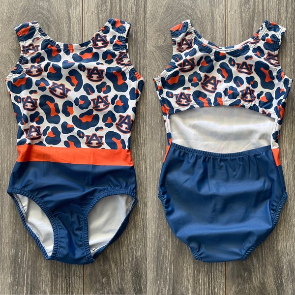 NEW Custom Auburn University Tigers Orange Blue Open Back Soft Sublime College Gymnastics Leotard Child & Adult