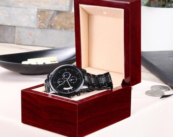 Custom Engraved Black Chronograph Watch, Personalized Men’s Watch Gift, 2 Line Message Watch for Dad, Husband, Groomsman or Him