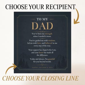 K&ouml;nnte beinhalten: Eine quadratische dunkelblaue Karte mit goldenem Text, der TO MY DAD lautet, gefolgt von einem Gedicht. Das Design zeigt unten eine Berg- und Waldsilhouette, ein kleines Herzsymbol und den Text HAPPY FATHER'S DAY an der Basis.