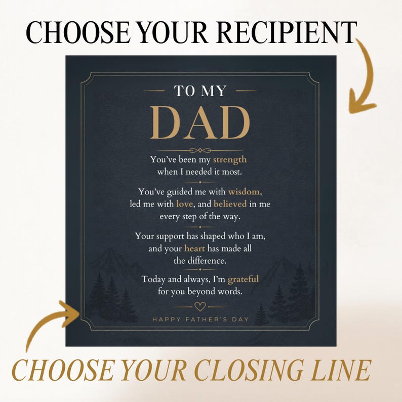K&ouml;nnte beinhalten: Eine quadratische dunkelblaue Karte mit goldenem Text, der TO MY DAD lautet, gefolgt von einem Gedicht. Das Design zeigt unten eine Berg- und Waldsilhouette, ein kleines Herzsymbol und den Text HAPPY FATHER'S DAY an der Basis.