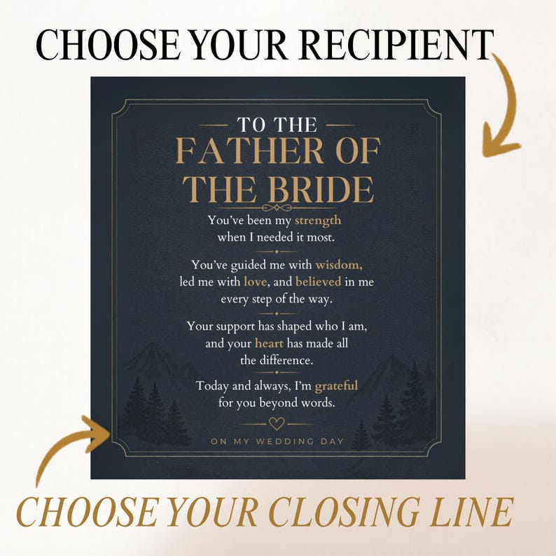 K&ouml;nnte beinhalten: Eine quadratische dunkelblaue Karte mit goldenem Text, der TO THE FATHER OF THE BRIDE lautet, gefolgt von einer sentimentalen Nachricht. Die Karte zeigt unten eine Berg- und Waldsilhouette. Pfeile zeigen auf CHOOSE YOUR RECIPIENT und CHOOSE YOUR CLOSING LINE.