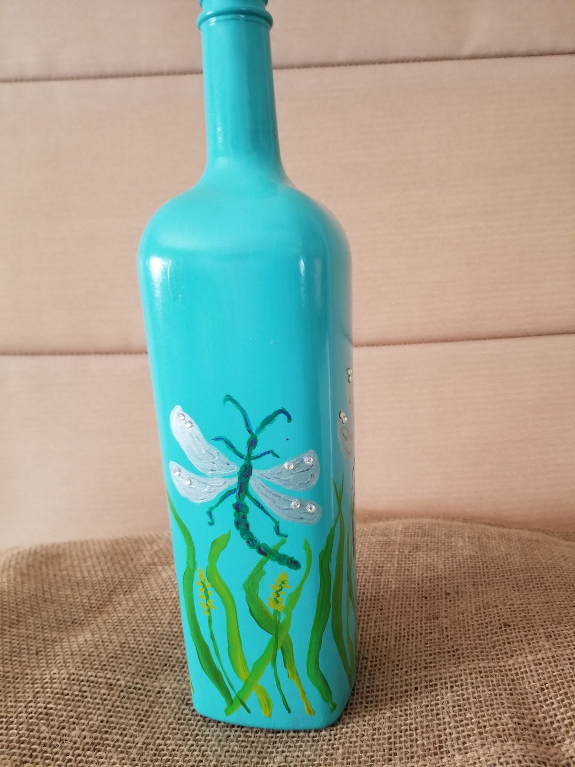 Turquoise Hand Painted Wine Bottle With Dragonflies Etsy UK