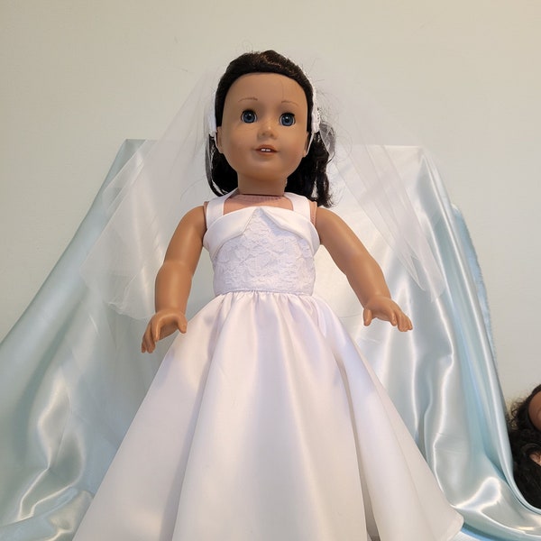Halter neck wedding gown has lace bodice and satin circle skirt, fits American Girl, Our Generation and other 18 inch dolls.