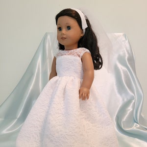 Elegant satin wedding gown with lace overlay and cap sleeves fits 18 inch dolls such as American Girl, Our Generation, etc.