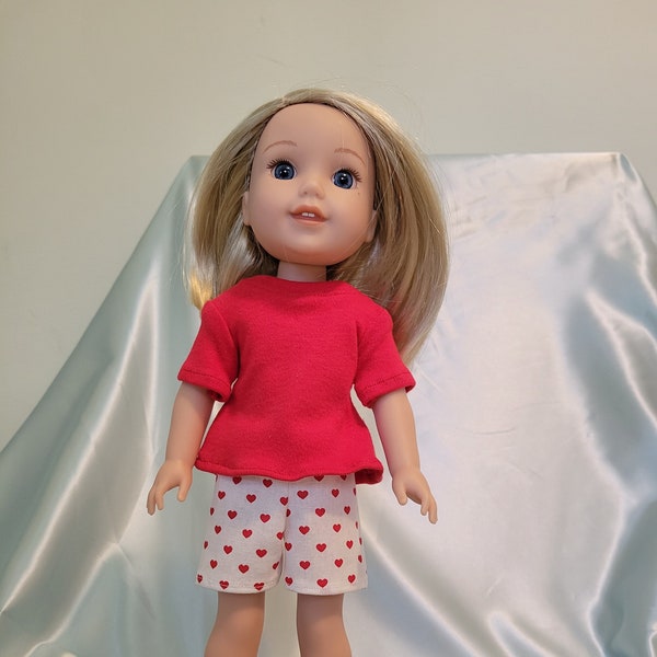 Summer pajamas or play outfit has red T-shirt and shorts with tiny red hearts to fit Wellie Wishers, Glitter Girls and other 14-15 in. dolls