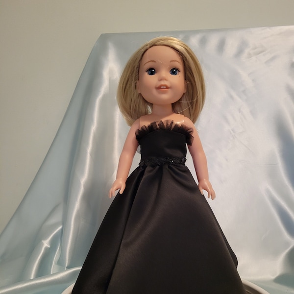 Strapless black satin ball gown has sequin trim and fits Wellie Wishers, Glitter Girls and other 14-15 inch dolls.