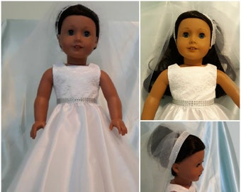 Wedding gown has lace overlay top, tulle overskirt  and crystal trim fits American Girl, Our Generation and other 18 inch dolls.