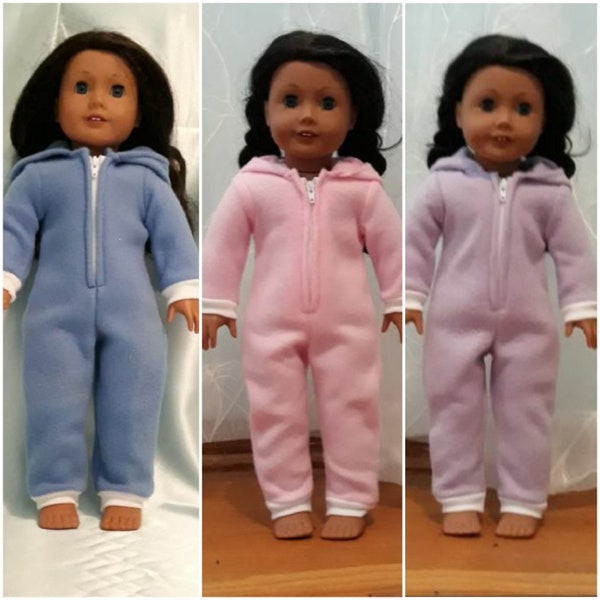 Hoodie style one-piece pajamas come in blue, pink and purple to fit American Girl and other 18 inch dolls.