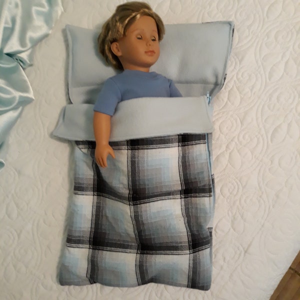 Unisex sleeping bag in light blue, white and black plaid flannel fits  American Girl, Our Generation, and other 18 inch boy or girl dolls.