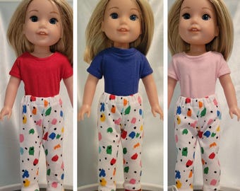 Colorful paint daub leggings pair with a pink , royal blue or red leotard to fit Wellie Wishers, Glitter Girls and other 14-15 inch dolls.