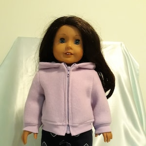 Lilac fleece hoodie fits American Girl, Our Generation and other 18 inch dolls.