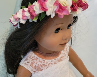 Flower crown in pink and white is adjustable to fit 18 inch dolls, such as American Girl, Our Generation, etc.