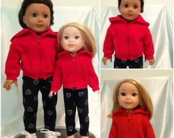 Twinsie red fleece hoodie in two sizes.  Fits AG, OG, etc. 18 inch and/or  Wellie Wishers, Glitter Girls, etc. 14-15 inch dolls.