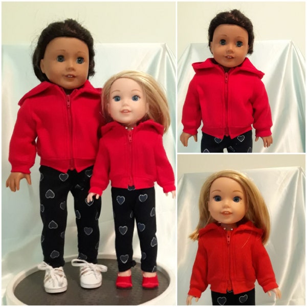 Twinsie red fleece hoodie in two sizes.  Fits American Girl, etc. 18 inch and/or  Wellie Wishers, Glitter Girls, etc. 14-15 inch dolls.