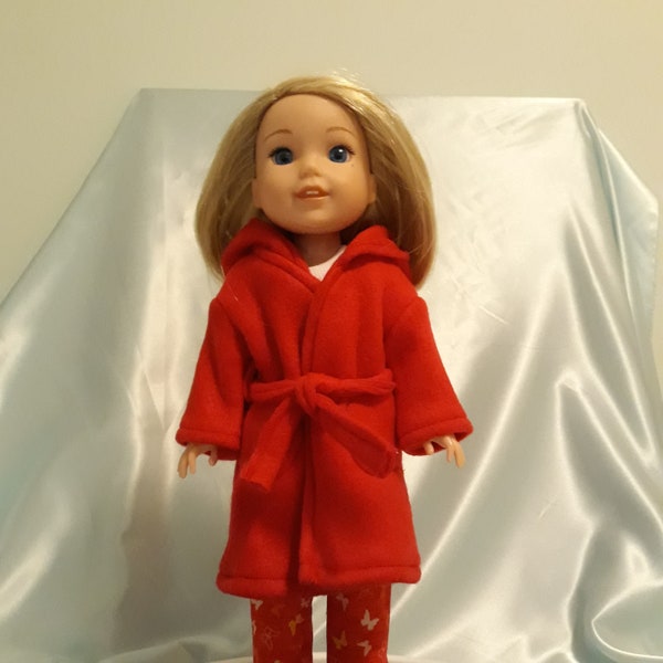 Red fleece hooded bathrobe (or coat) fits Wellie Wishers, Glitter Girls and other14-15 inch dolls.