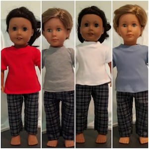 Unisex navy plaid flannel pajama pants with gray, blue, red or white T-shirt fits American Girl, Our Generation and other 18 inch dolls.