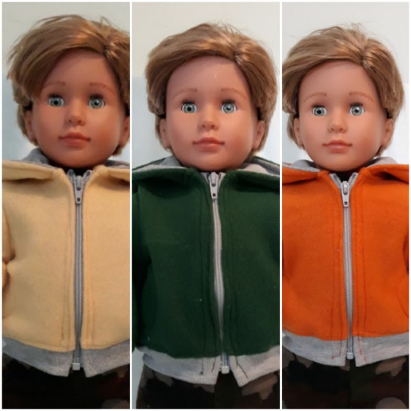 Unisex hoodie available in soft yellow, orange ochre and dark green fits American Girl, Our Generation boy or girl and other 18 inch dolls.