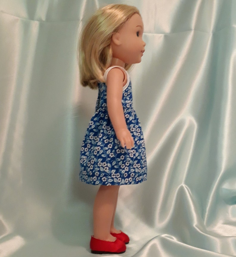 Flower print sundress fits Wellie Wishers and other 14 inch dolls.