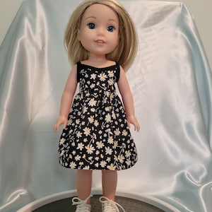 Sundress in black with white flowers fits Wellie Wishers, Glitter Girls and other 14-15 inch dolls.