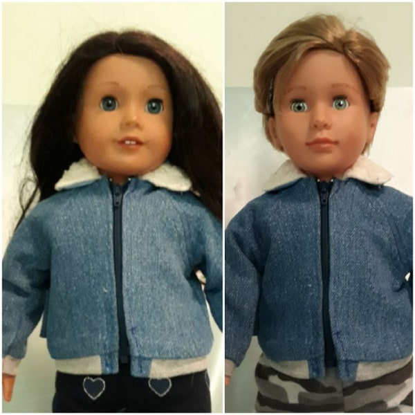 Upcycled denim bomber has faux sherpa collar and fits American Girl, Our Generation and other 18 inch boy or girl dolls.