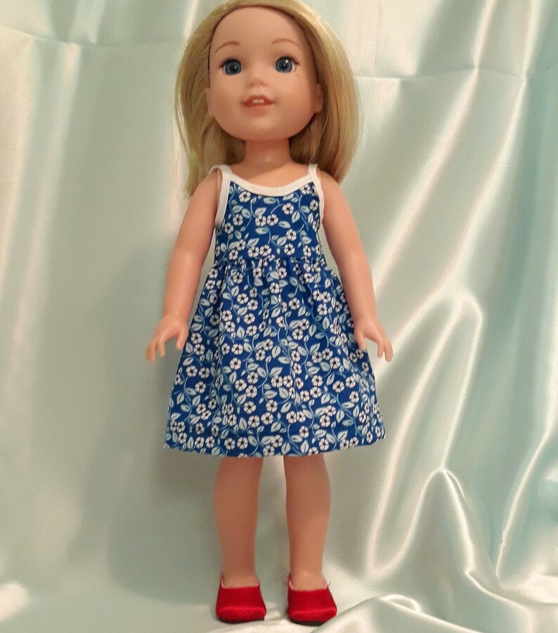 Flower print sundress fits Wellie Wishers and other 14 inch dolls.