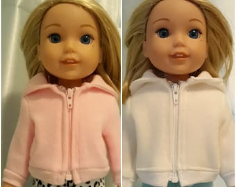 Fleece hoodie available in candy pink, or white  fits Wellie Wishers, Glitter Girls  and other 14 inch dolls.
