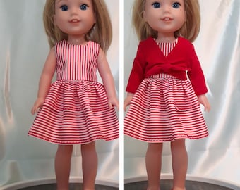 Sleeveless candy striped dress has double-layered gathered skirt, red cardigan to fit Wellie Wishers, Glitter Girls, other 14-15 inch dolls.