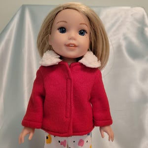 Red fleece coat has a faux Sherpa collar and fits like Wellie Wishers, Glitter Girls and other 14-15 inch dolls.