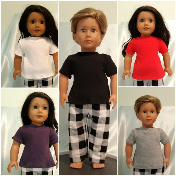 Black & white buffalo check flannel pj pants pair with black, white, gray, purple or red T-shirt to fit American Girl and other 18 inch doll