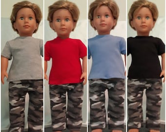 Camo pajama pants can be paired with one of four tops in red, black, gray or blue fits American Girl boy or girl or other 18 inch doll.