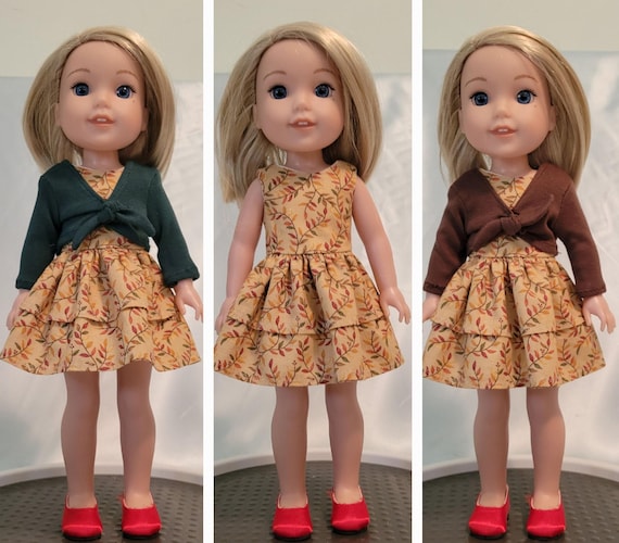 Sleeveless dress in autumn colors, choice of brown or green cardigan, fits Wellie Wishers, Glitter Girls and other 14-15 inch dolls.