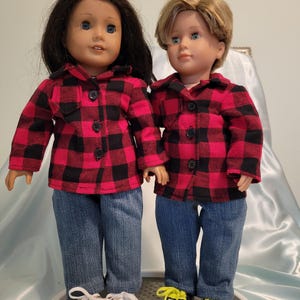 Buffalo plaid and blue jean outfit fits 18 inch boy and girl dolls such as American Girl, Our Generation and similar dolls.
