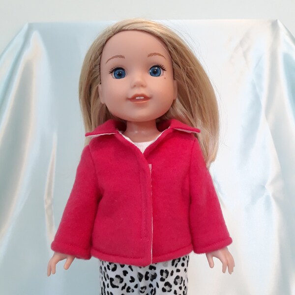 Raspberry fleece coat  has pink satin lining and fits Wellie Wishers, Glitter Girls and other 14-15 inch dolls.