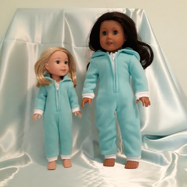 Hoodie style onesie pajamas in aqua fleece available in two sizes: 18 inch American Girl, 14.5 inch Wellie Wishers, other similar size dolls