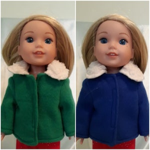 Choose coat in Kelly Green or Royal Blue fleece with sherpa collar to fit Wellie Wishers, Glitter Girls and other 14-15 inch dolls.