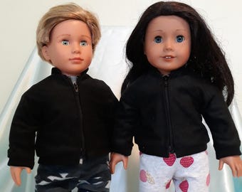 Unisex bomber jacket in black faux suede fits 18 inch dolls such as American Girl, Our Generation, etc.