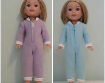 Onesie style pajamas in lilac and light blue fleece fits Wellie Wishers, Glitter Girls and other 14-15 inch dolls.